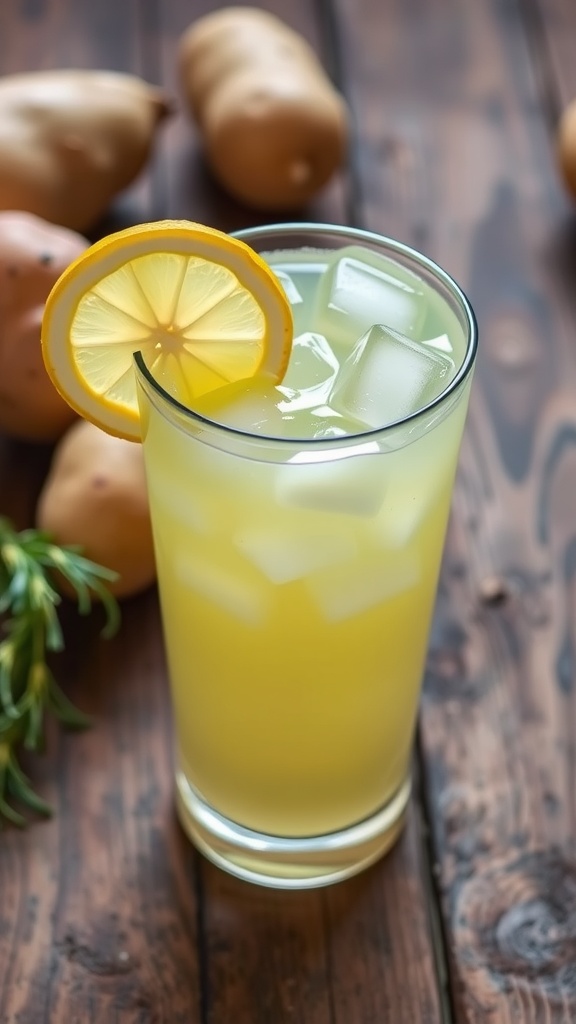 A glass of fresh potato juice with lemon slice, ice cubes on a wooden table with potatoes.